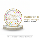 Bright Triangle Birthday "Happy Birthday" Round 9" Dinner Plates, 8ct - Foil Stamping