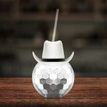 White Cowboy Hat Silver Disco Ball Cup with Straw