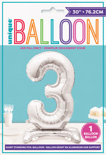 Silver Number 3 Shaped Standing Foil Balloon 30", Packaged