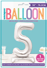 Silver Number 5 Shaped Standing Foil Balloon 30", Packaged