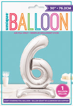 Silver Number 6 Shaped Standing Foil Balloon 30", Packaged