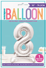 Silver Number 8 Shaped Standing Foil Balloon 30", Packaged