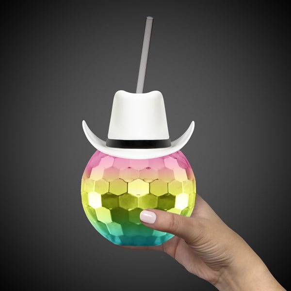 White Cowboy Hat Rainbow Disco Ball Cup with Straw