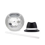 Black Fedora Hat Silver Disco Ball Cup with Straw