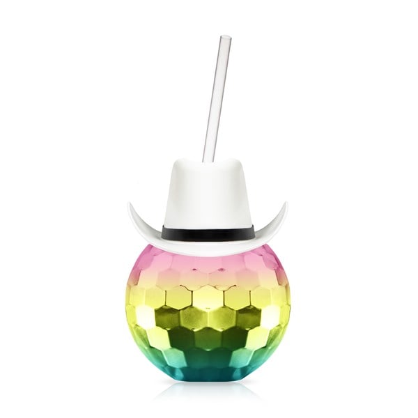 White Cowboy Hat Rainbow Disco Ball Cup with Straw