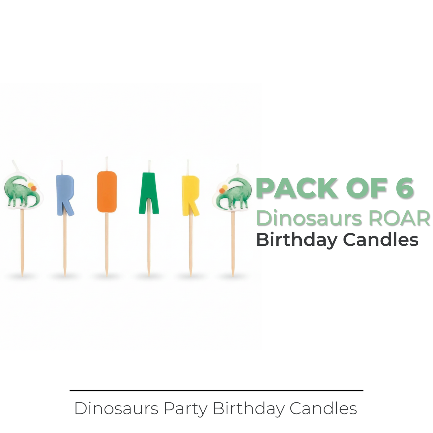 Partying Dinosaurs "ROAR" Pick Birthday Candles, 6ct