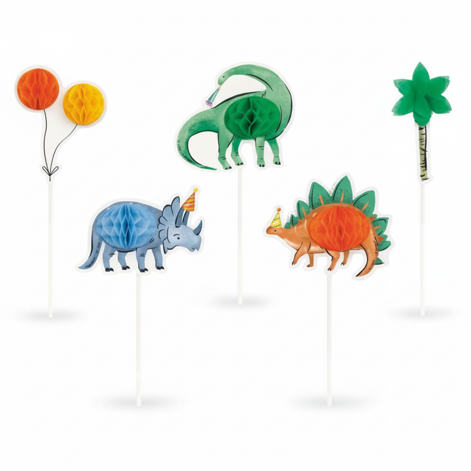 Partying Dinosaurs Assorted Honeycomb Cake Topper Kit, 5pc