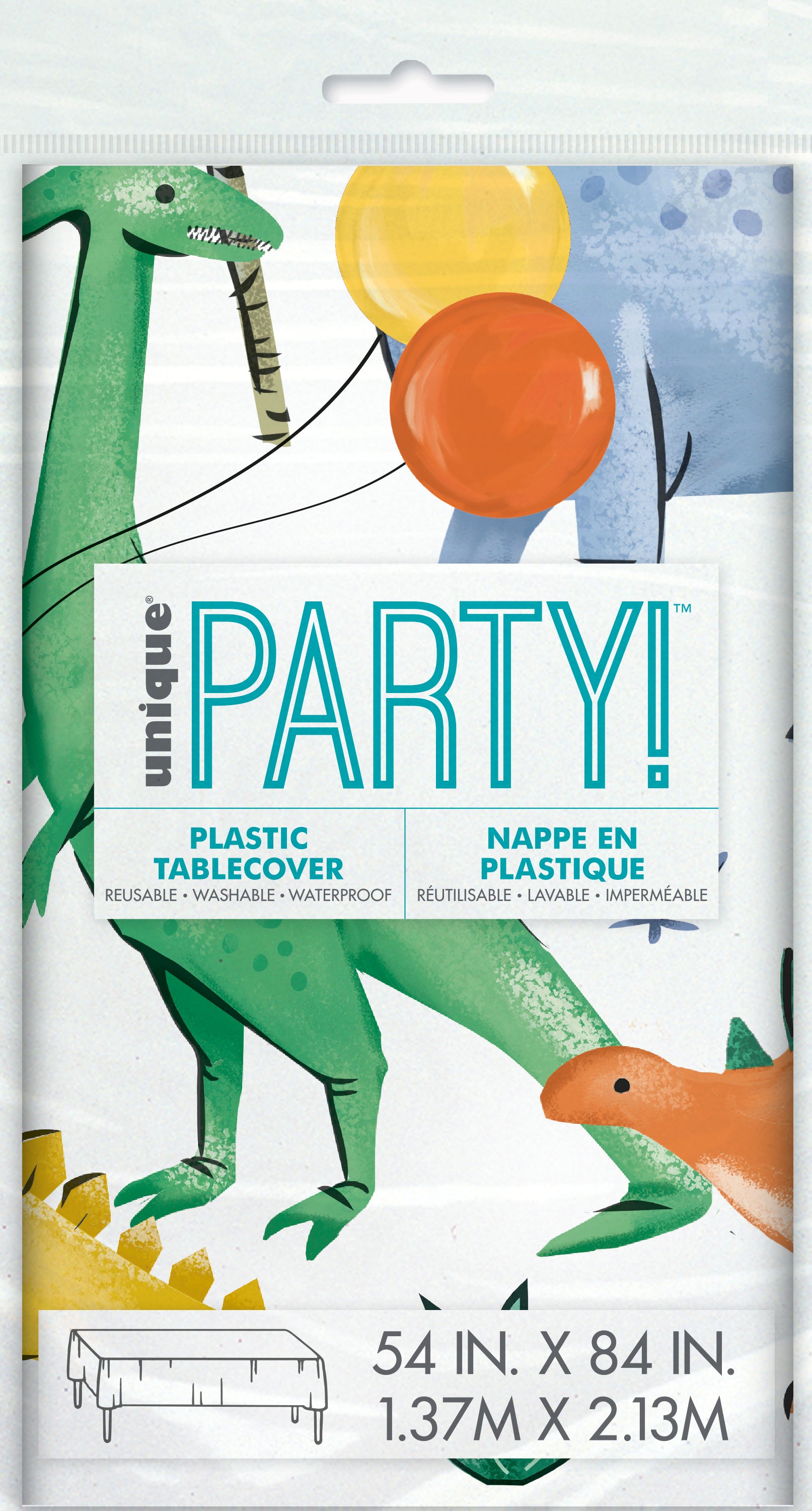 Partying Dinosaurs Rectangular Plastic Table Cover, 54" x 84" - Short Fold