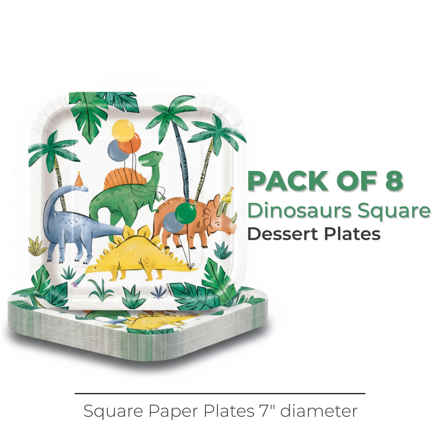 Partying Dinosaurs Square 7" Dessert Plates, 8ct