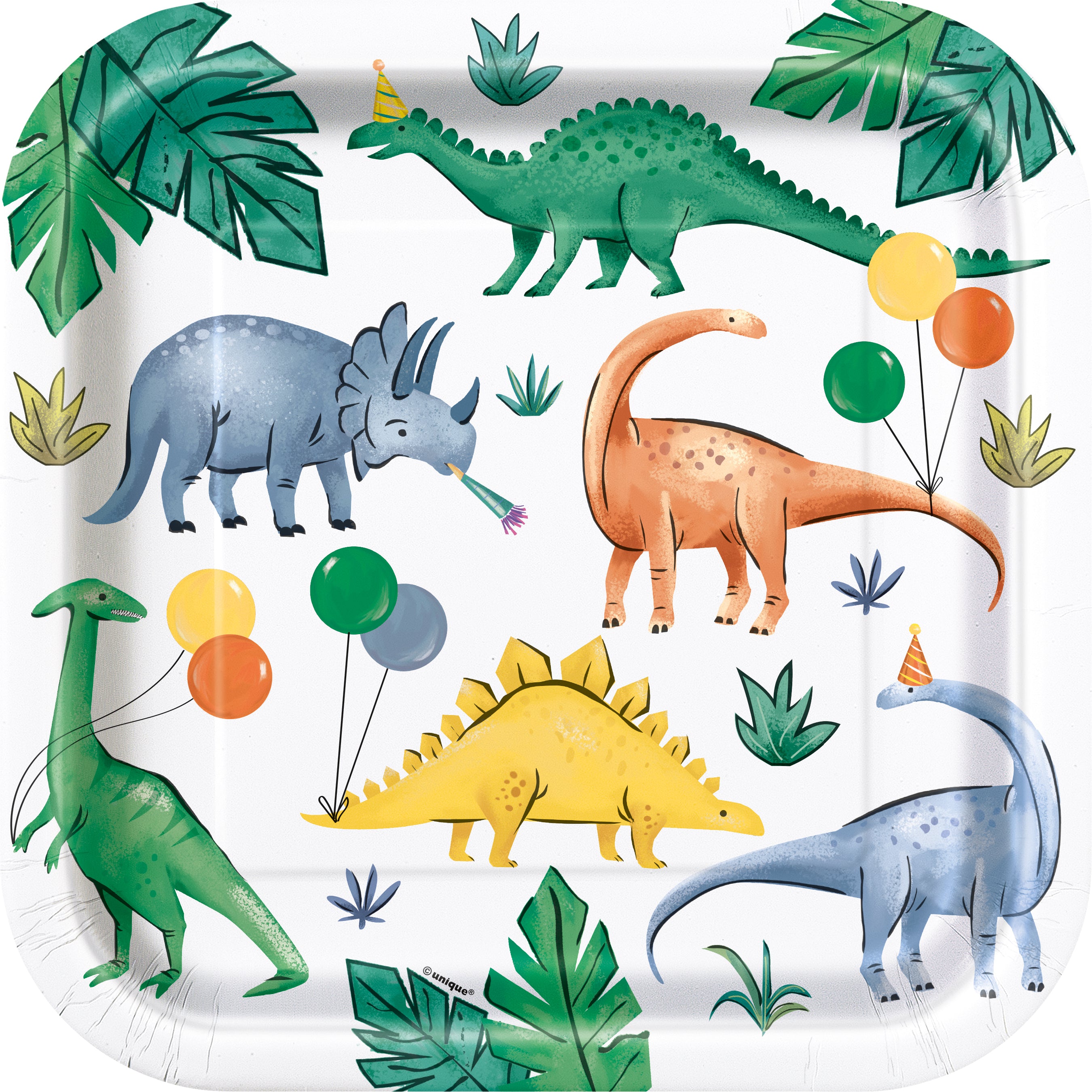 Partying Dinosaurs Square 9" Dinner Plates, 8ct