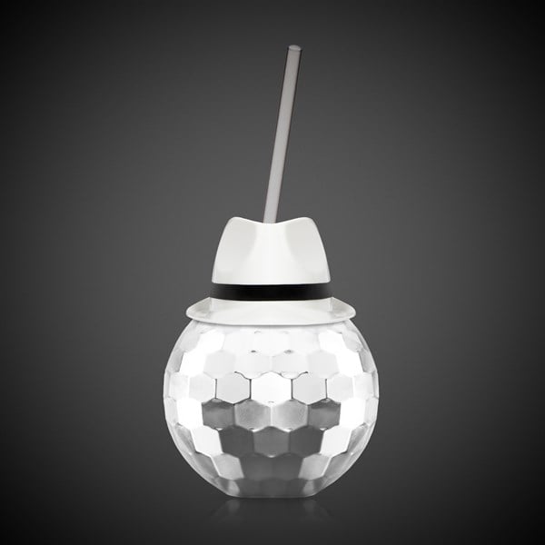 White Fedora Hat Silver Disco Ball Cup with Straw
