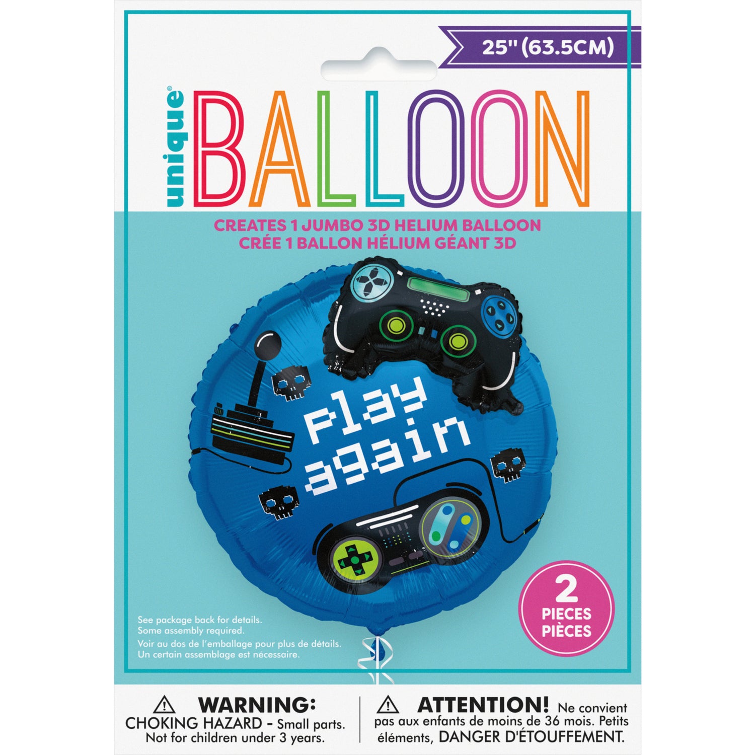 Gamer Birthday "Play Again" Giant Foil Balloon 25" with 3D Game Controller Accessory, Packaged - Image 2