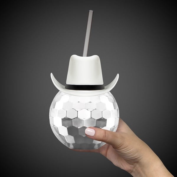 White Cowboy Hat Silver Disco Ball Cup with Straw