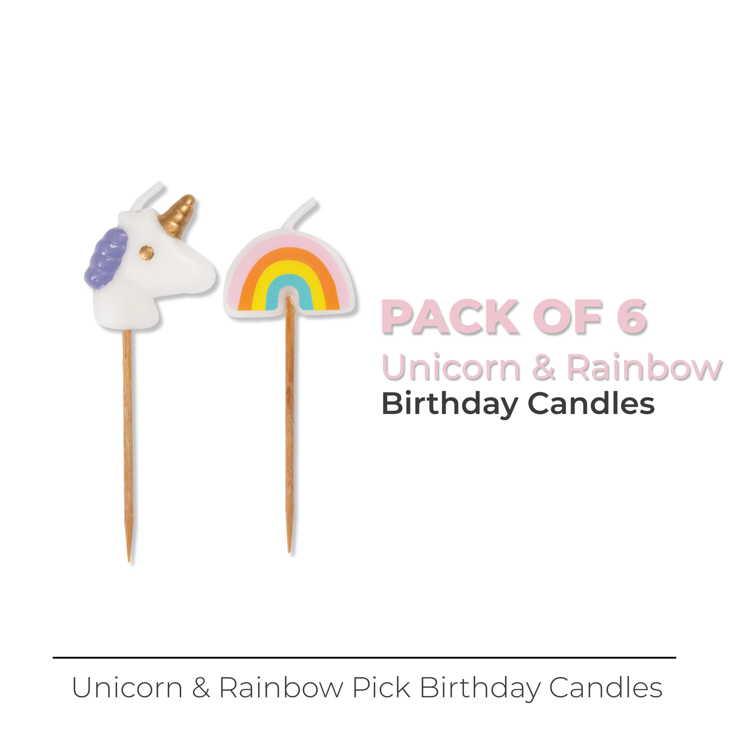 Unicorn & Rainbow Pick Birthday Candles - Assorted, 6ct