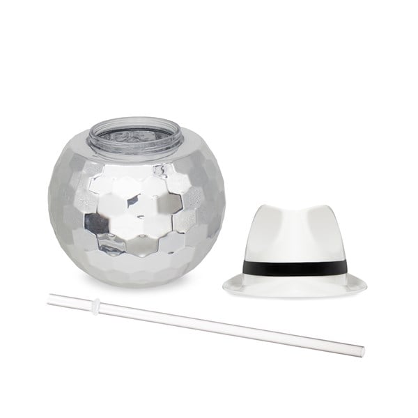 White Fedora Hat Silver Disco Ball Cup with Straw