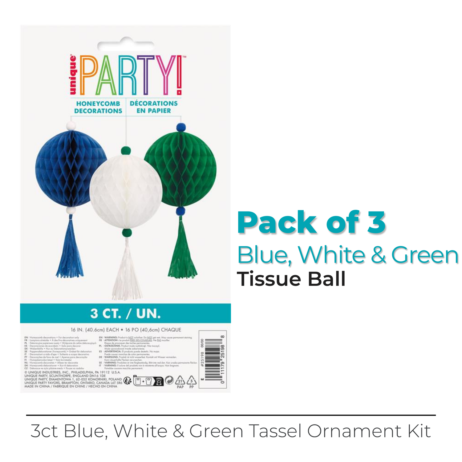 Blue, White & Green Tissue Ball and Tassel Ornament Decorations Kit