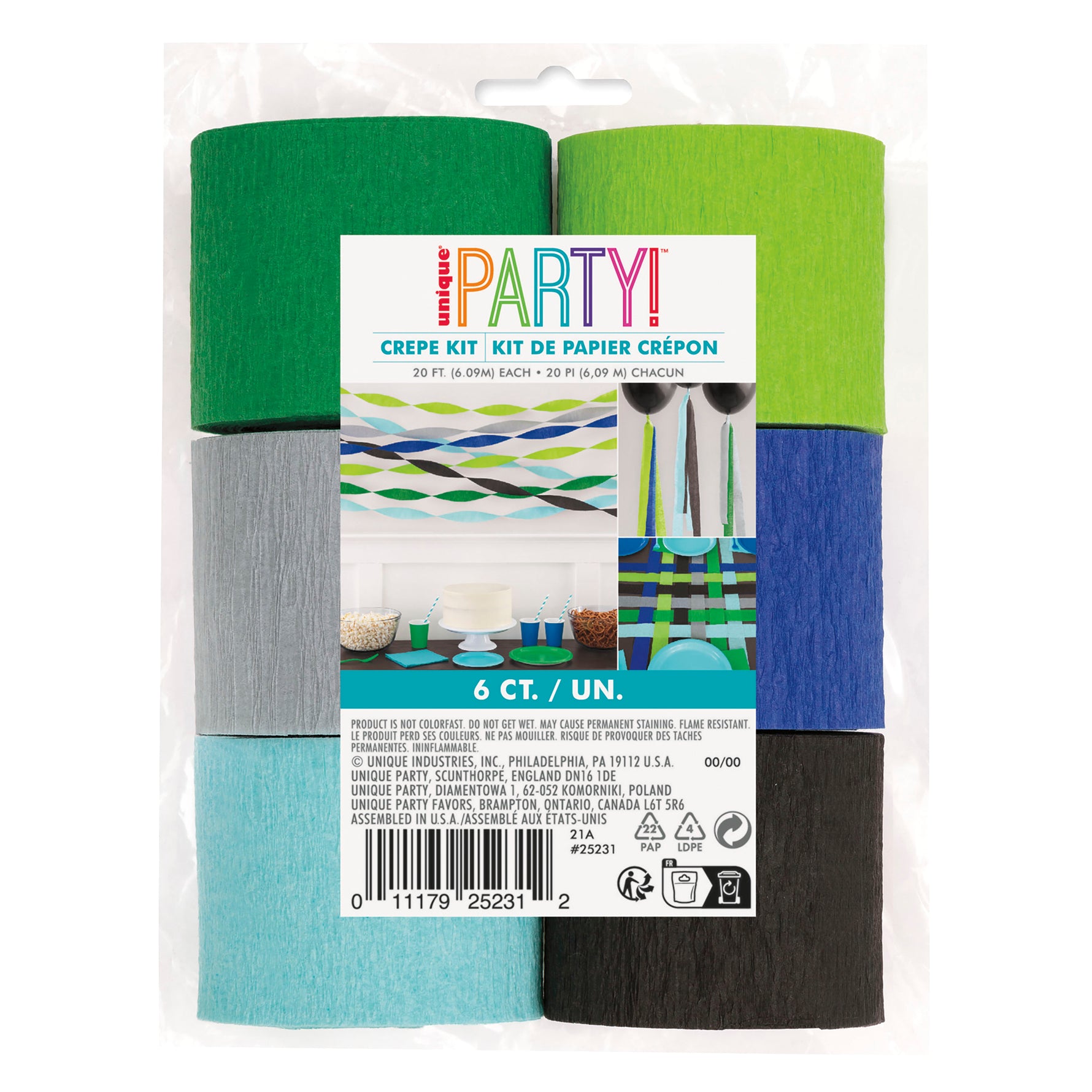 Assorted Blue & Green Crepe Paper Streamer Kit, 20 ft, 6ct