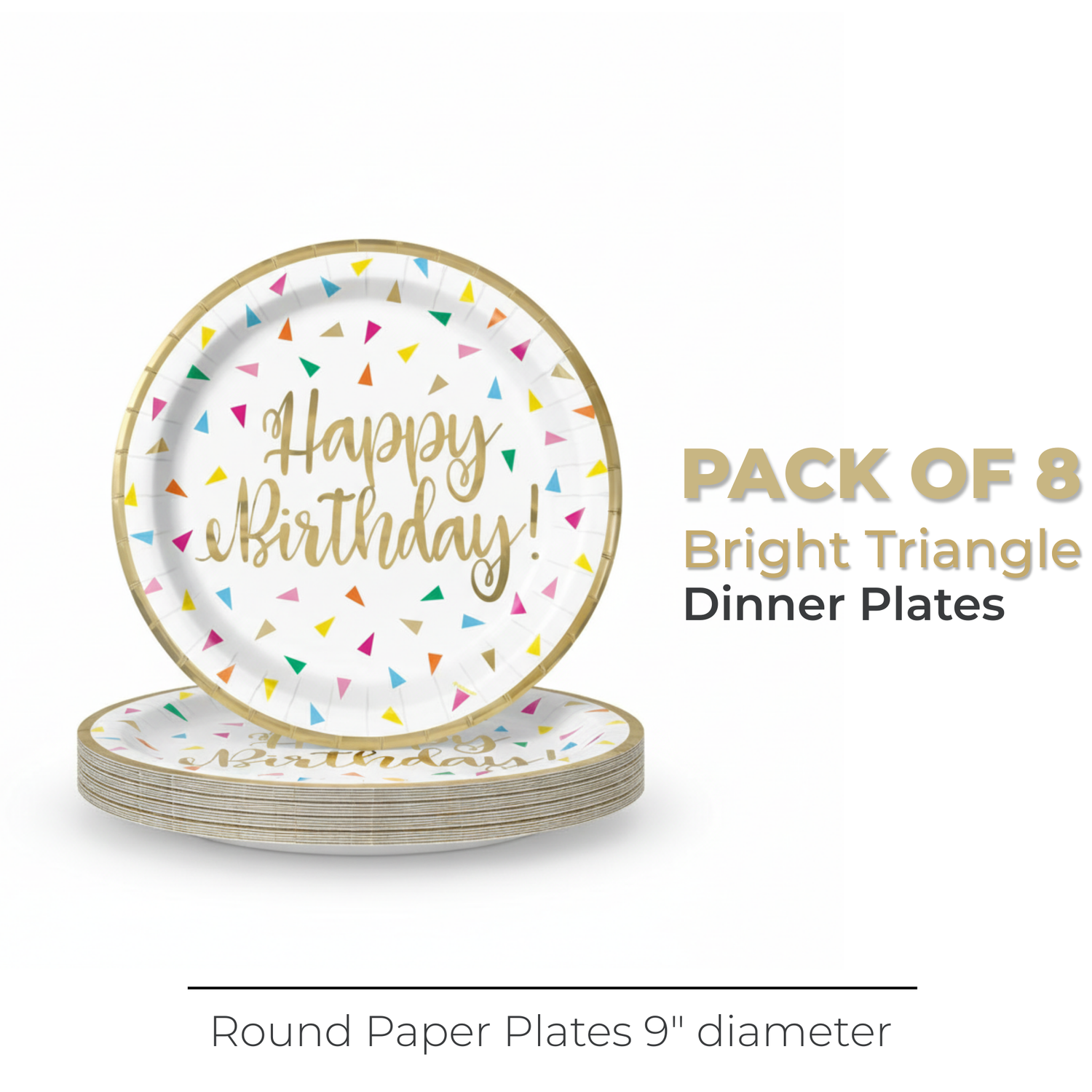 Bright Triangle Birthday "Happy Birthday" Round 9" Dinner Plates, 8ct - Foil Stamping