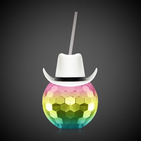 White Cowboy Hat Rainbow Disco Ball Cup with Straw