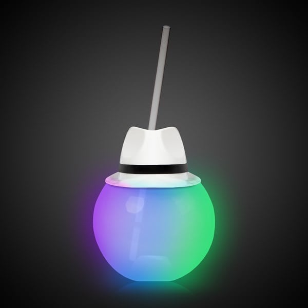 LED White Fedora Hat 20 oz. Ball Cup with Straw