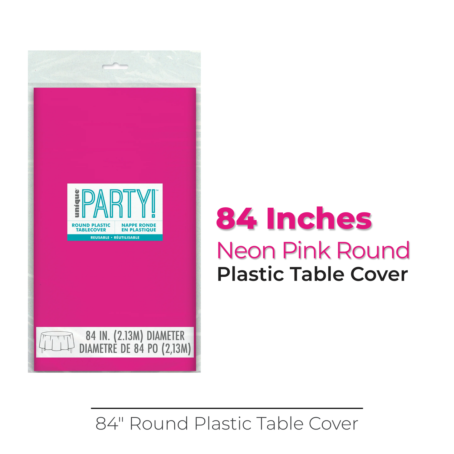 Neon Pink Solid Round Plastic Table Cover, 84"
