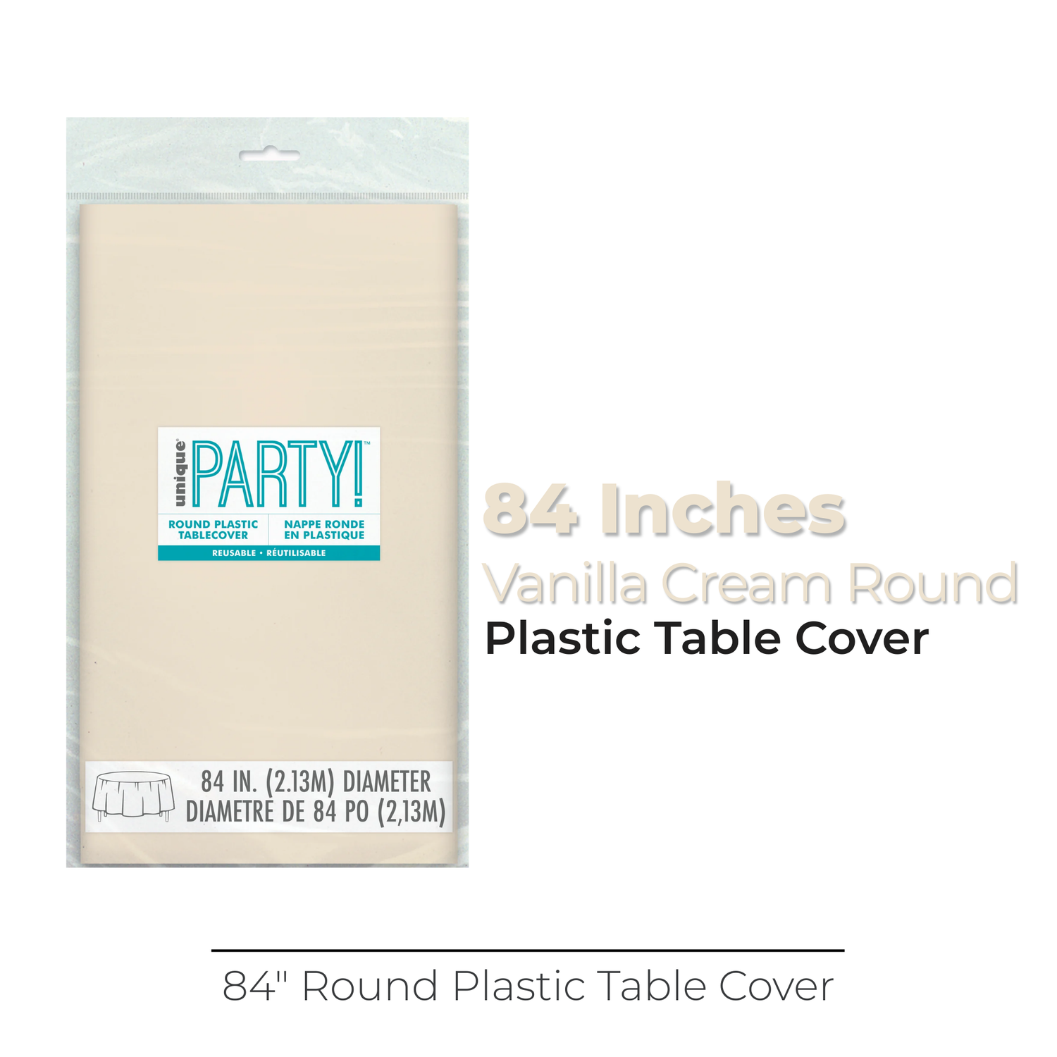 Vanilla Cream Solid Round Plastic Table Cover, 84"