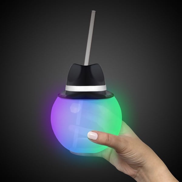 LED Black Fedora Hat 20 oz. Ball Cup with Straw