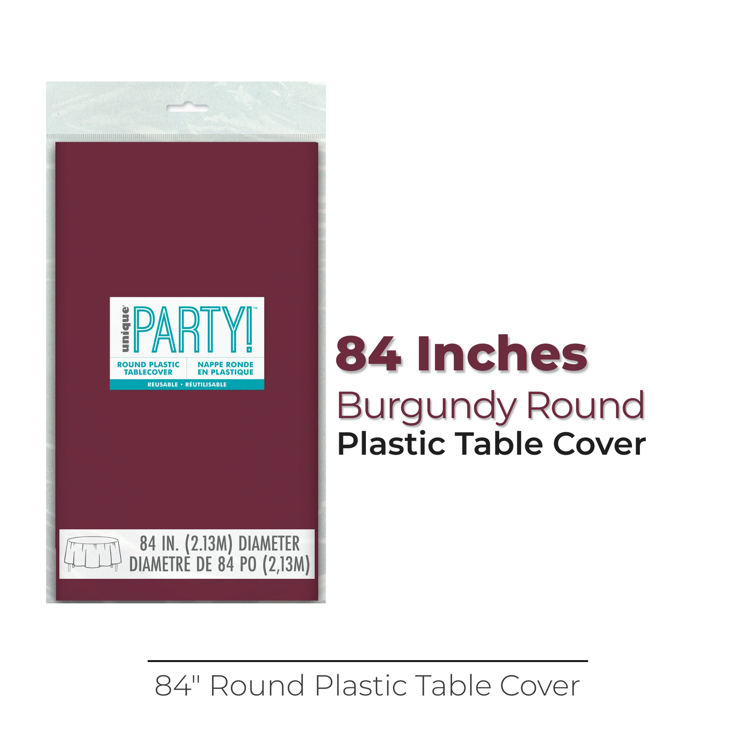 Burgundy Solid Round Plastic Table Cover, 84"