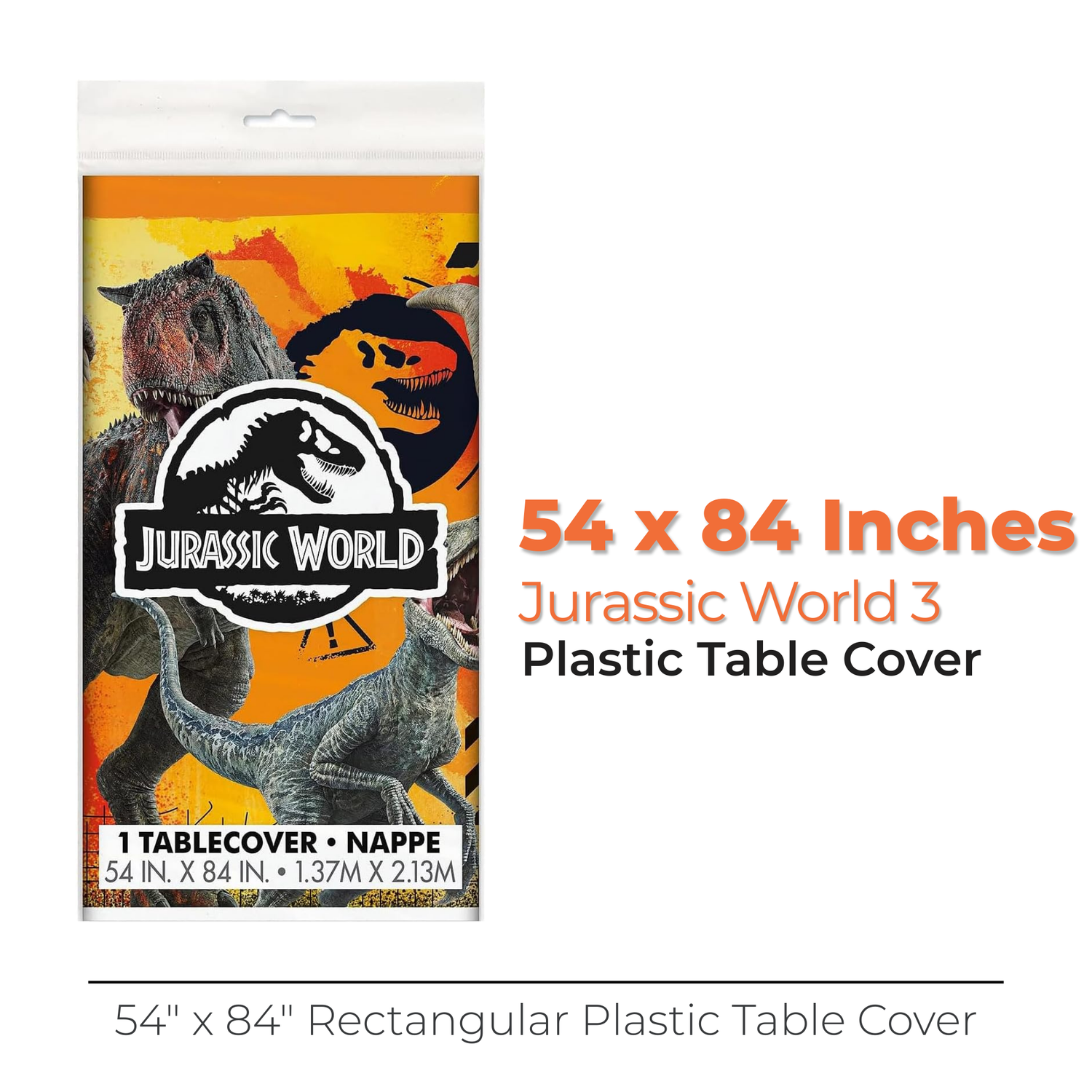 Jurassic World 3 Rectangular Plastic Table Cover, 54" x 84"