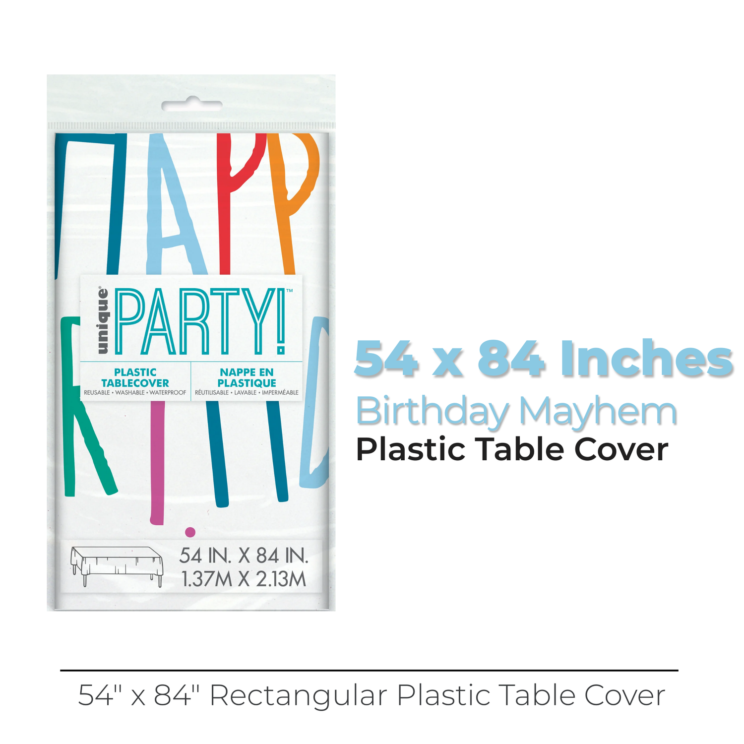 Birthday Mayhem Rectangular Plastic Table Cover, 54" x 84", Short Fold