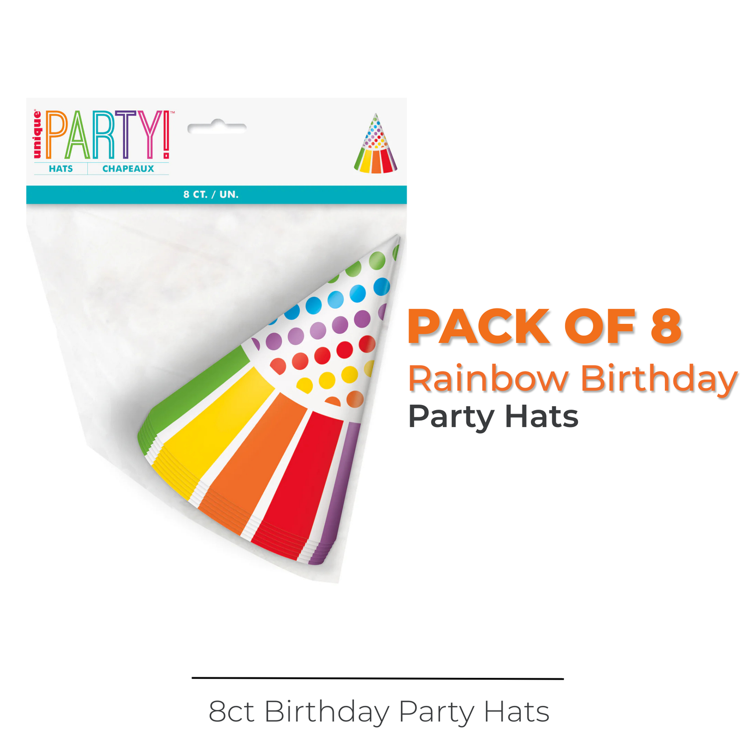 Rainbow Birthday Party Hats, 8ct