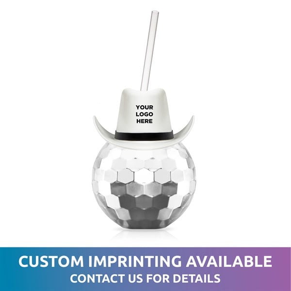 White Cowboy Hat Silver Disco Ball Cup with Straw