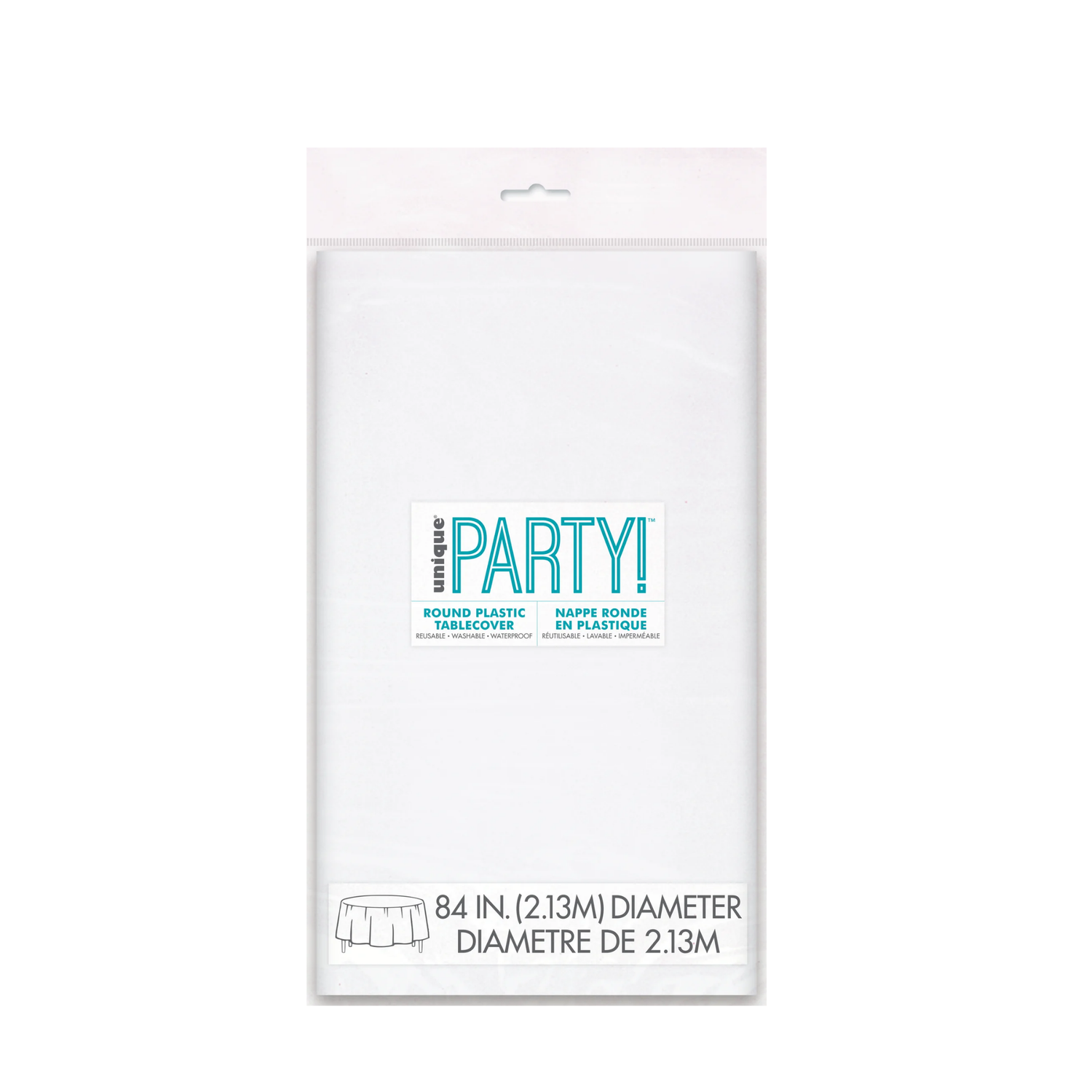 White Solid Round Plastic Table Cover, 84"