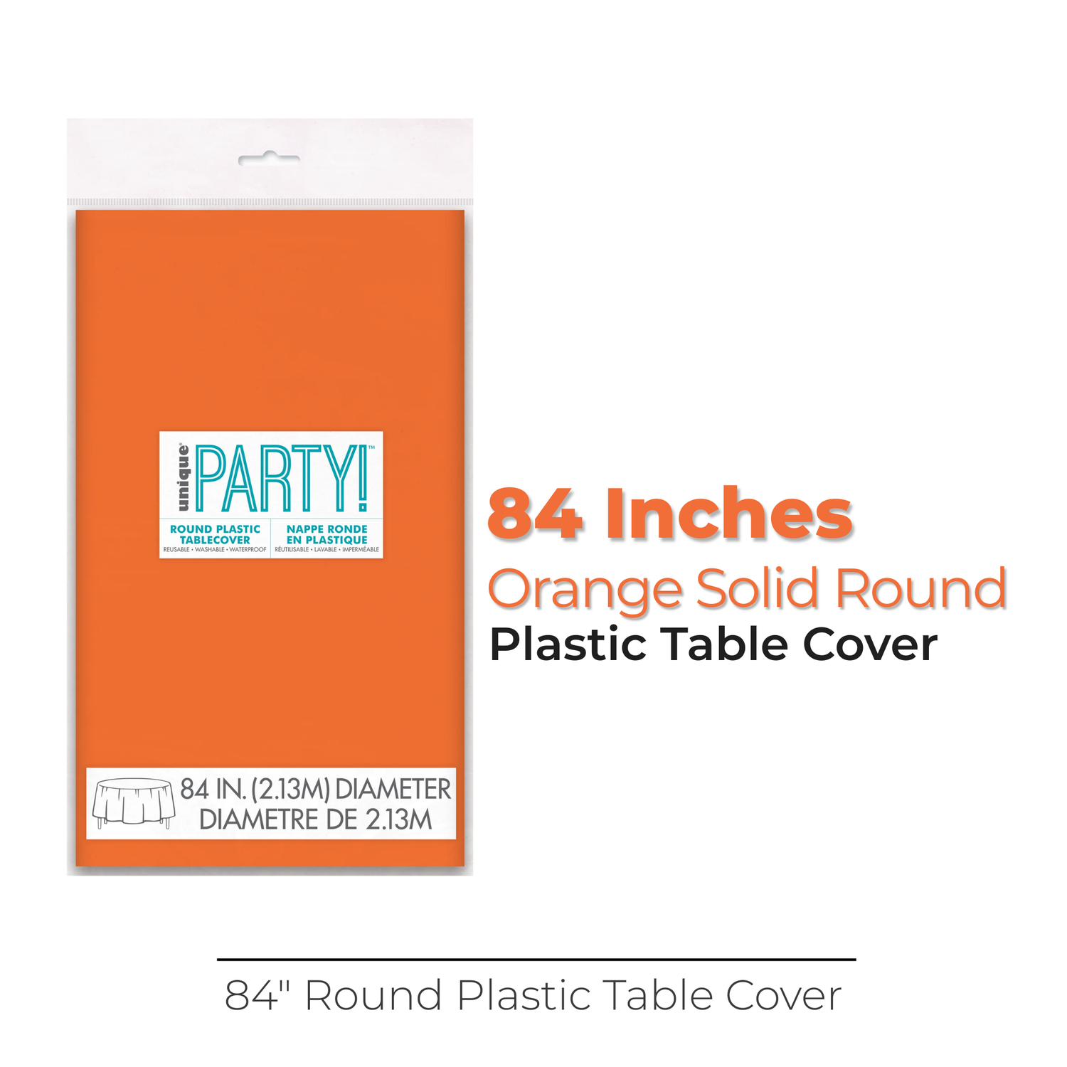 Orange Solid Round Plastic Table Cover, 84"