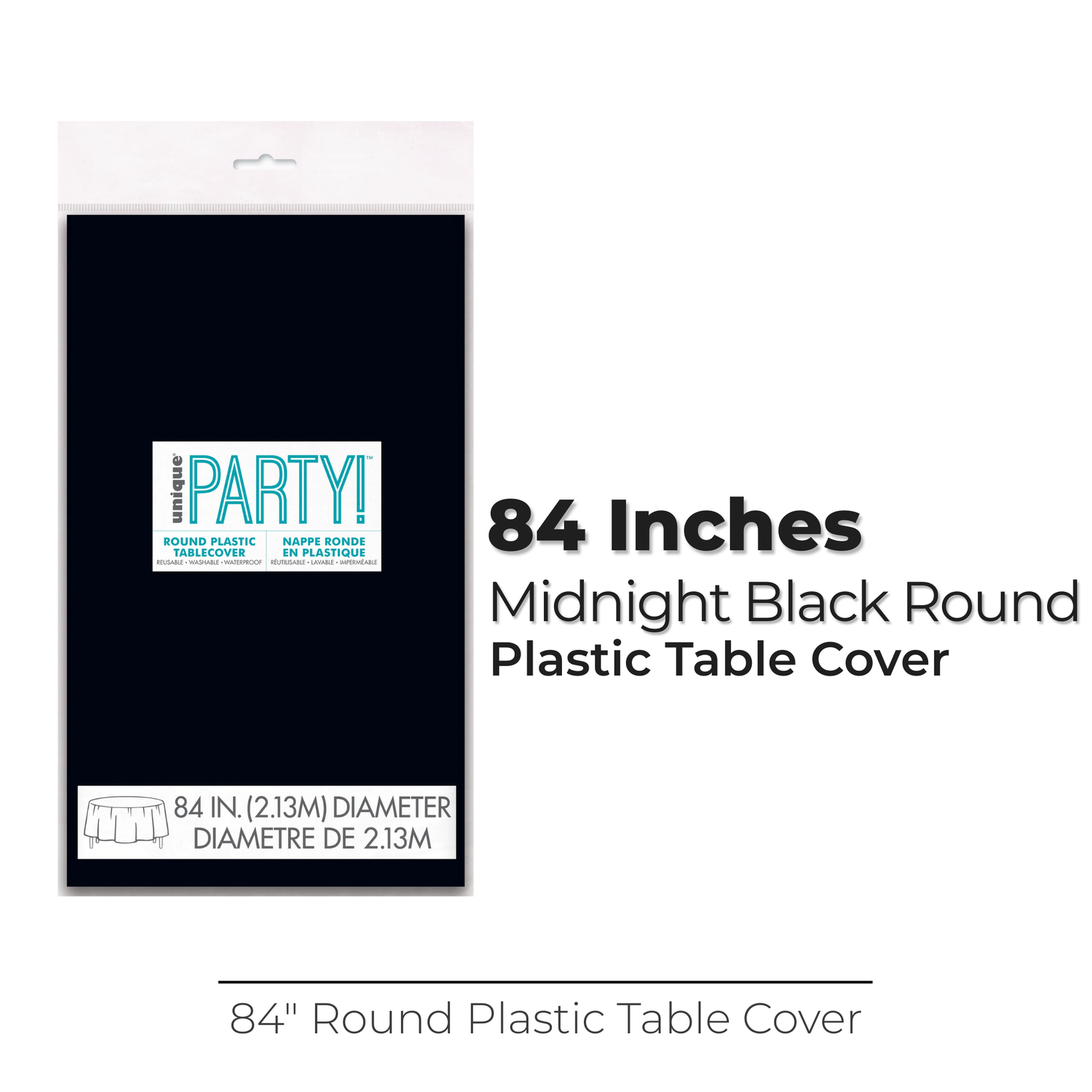 Midnight Black Solid Round Plastic Table Cover, 84"