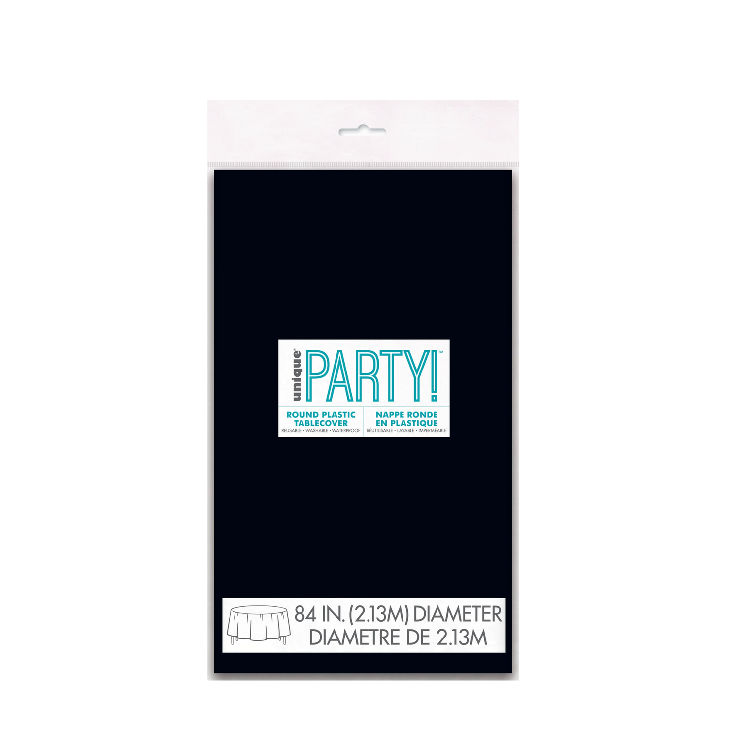 Midnight Black Solid Round Plastic Table Cover, 84"