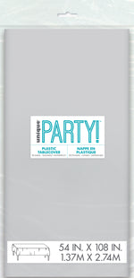 Silver Solid Rectangular Plastic Table Cover, 54" x 108"