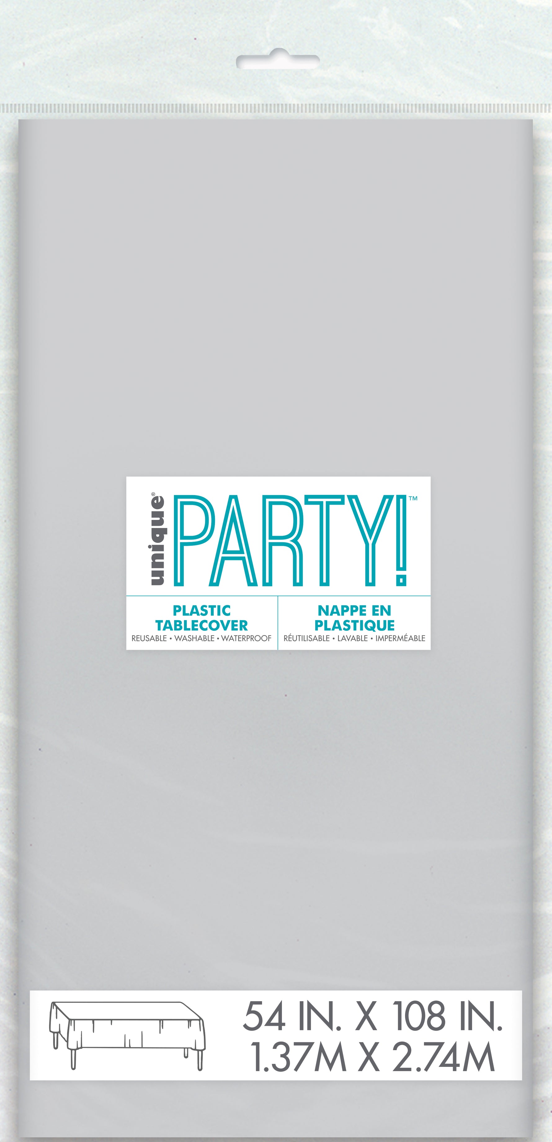 Silver Solid Rectangular Plastic Table Cover, 54" x 108"