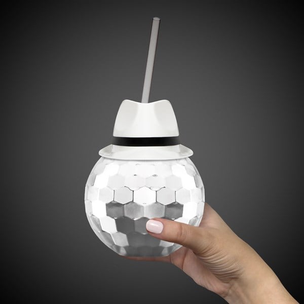 White Fedora Hat Silver Disco Ball Cup with Straw