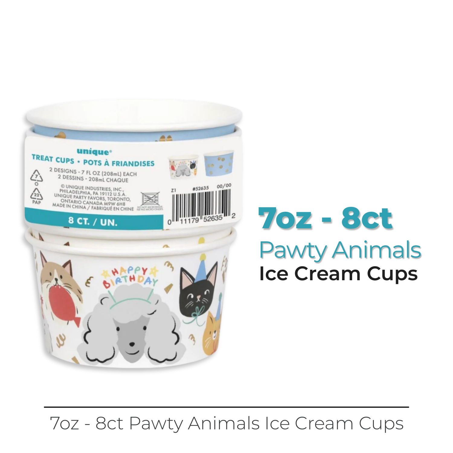 Pawty Animals 7oz Ice Cream Cups, 8ct - Foil Stamping