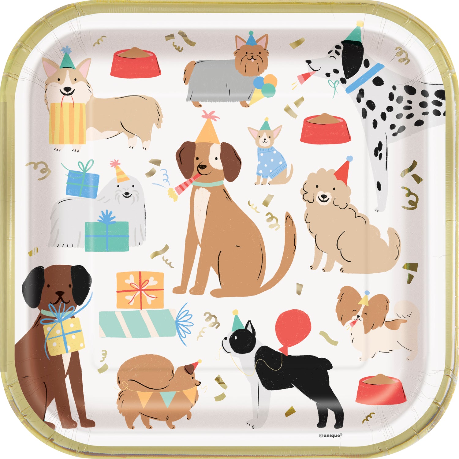 Pawty Animals Dog Square 9" Dinner Plates, 8ct - Foil Stamping