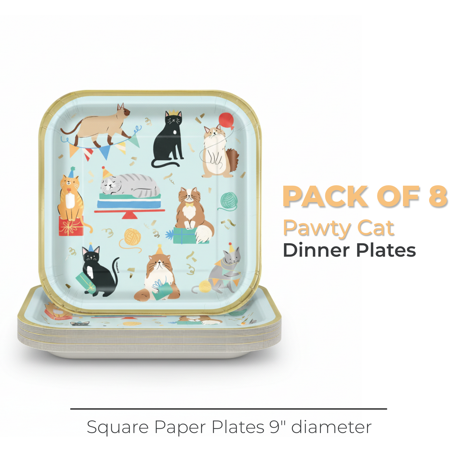 Pawty Animals Cat Square 9" Dinner Plates, 8ct - Foil Stamping