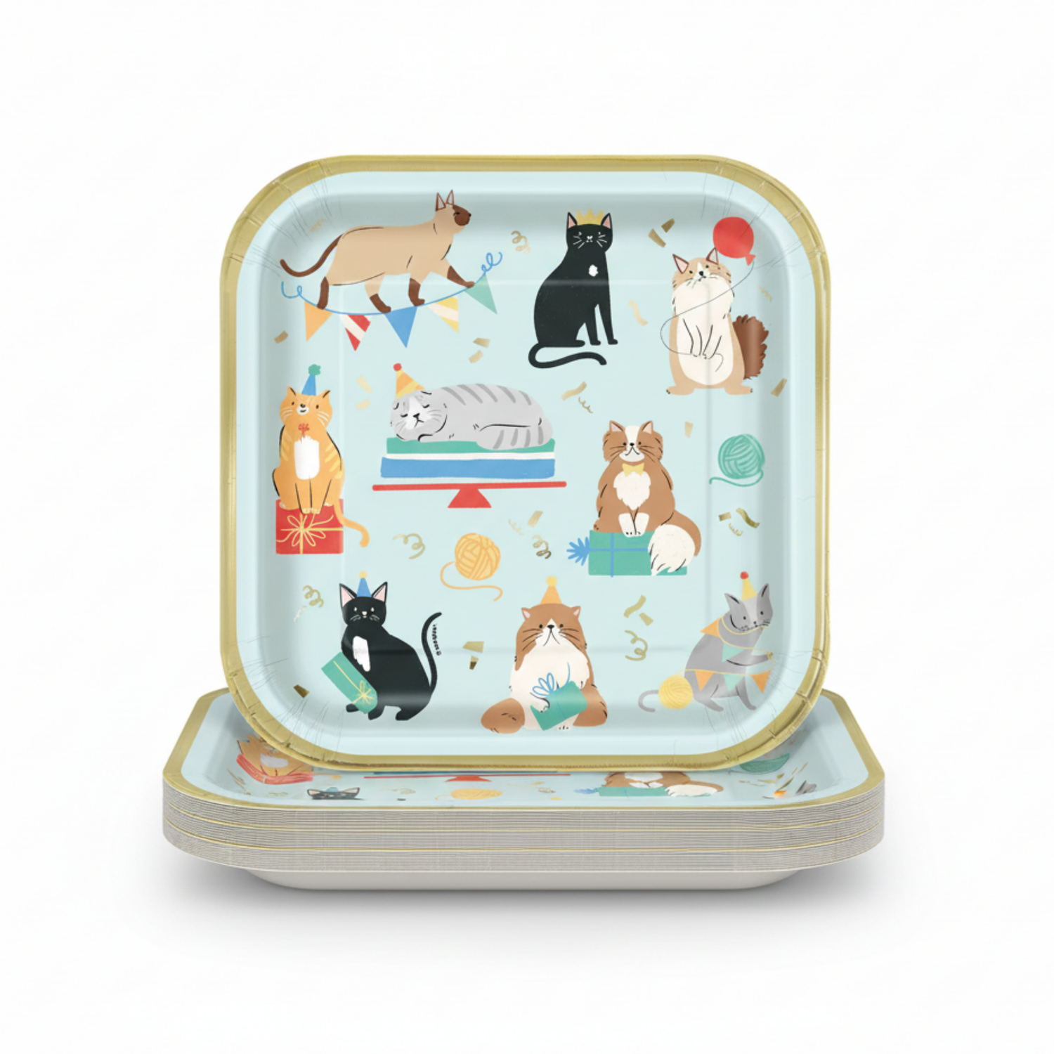 Pawty Animals Cat Square 9" Dinner Plates, 8ct - Foil Stamping