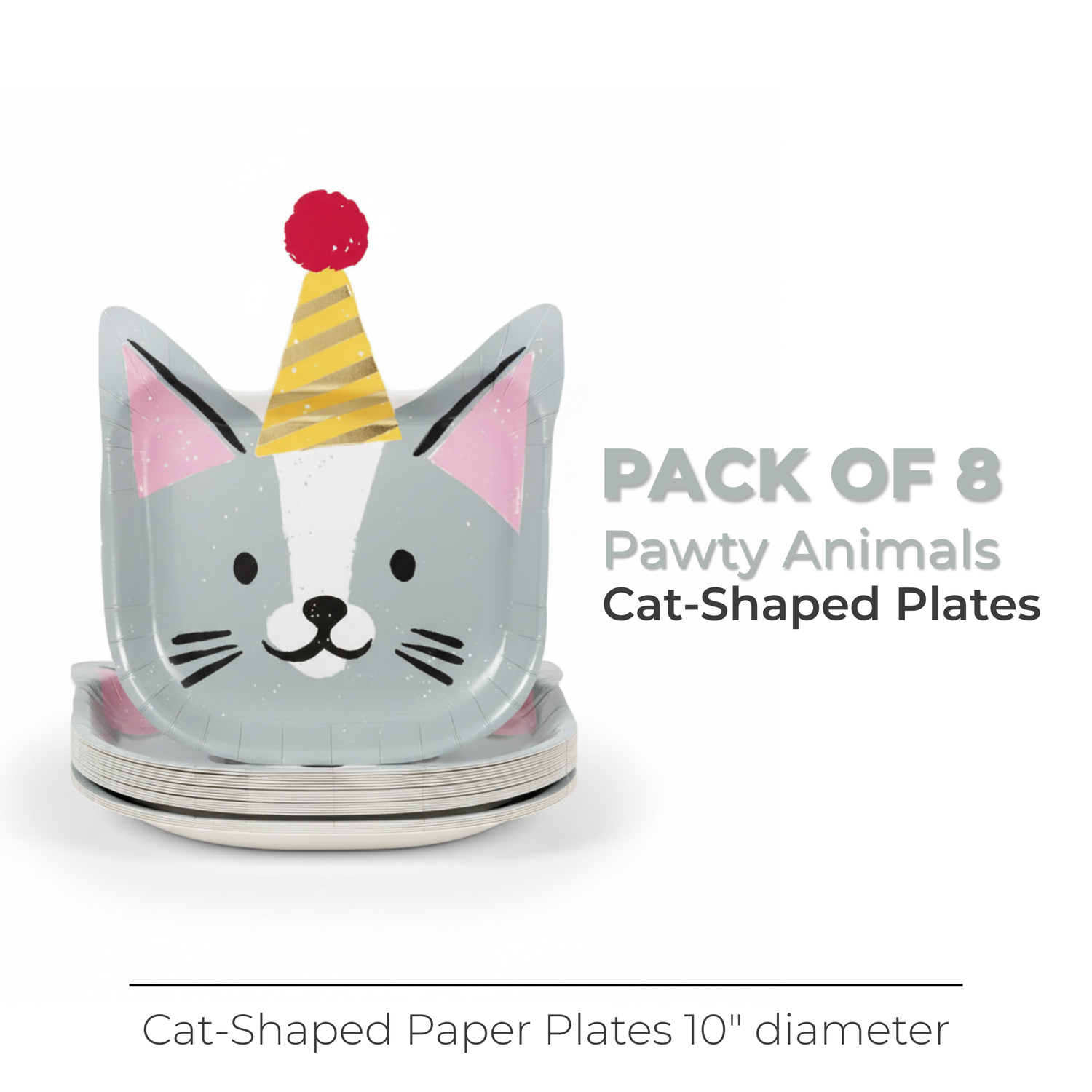 Pawty Animals Cat-Shaped 10" Plates, 8ct - Foil Stamping