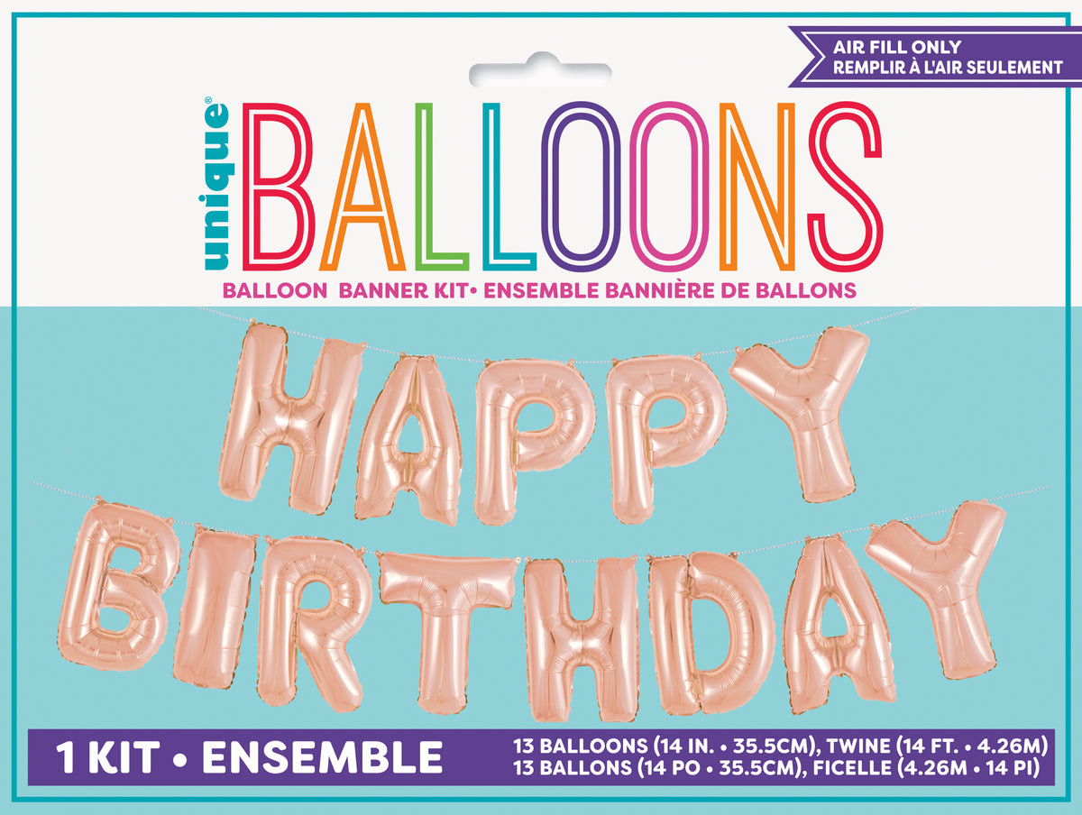 Rose Gold Happy Birthday Foil Letter Balloon Banner Kit, 14"