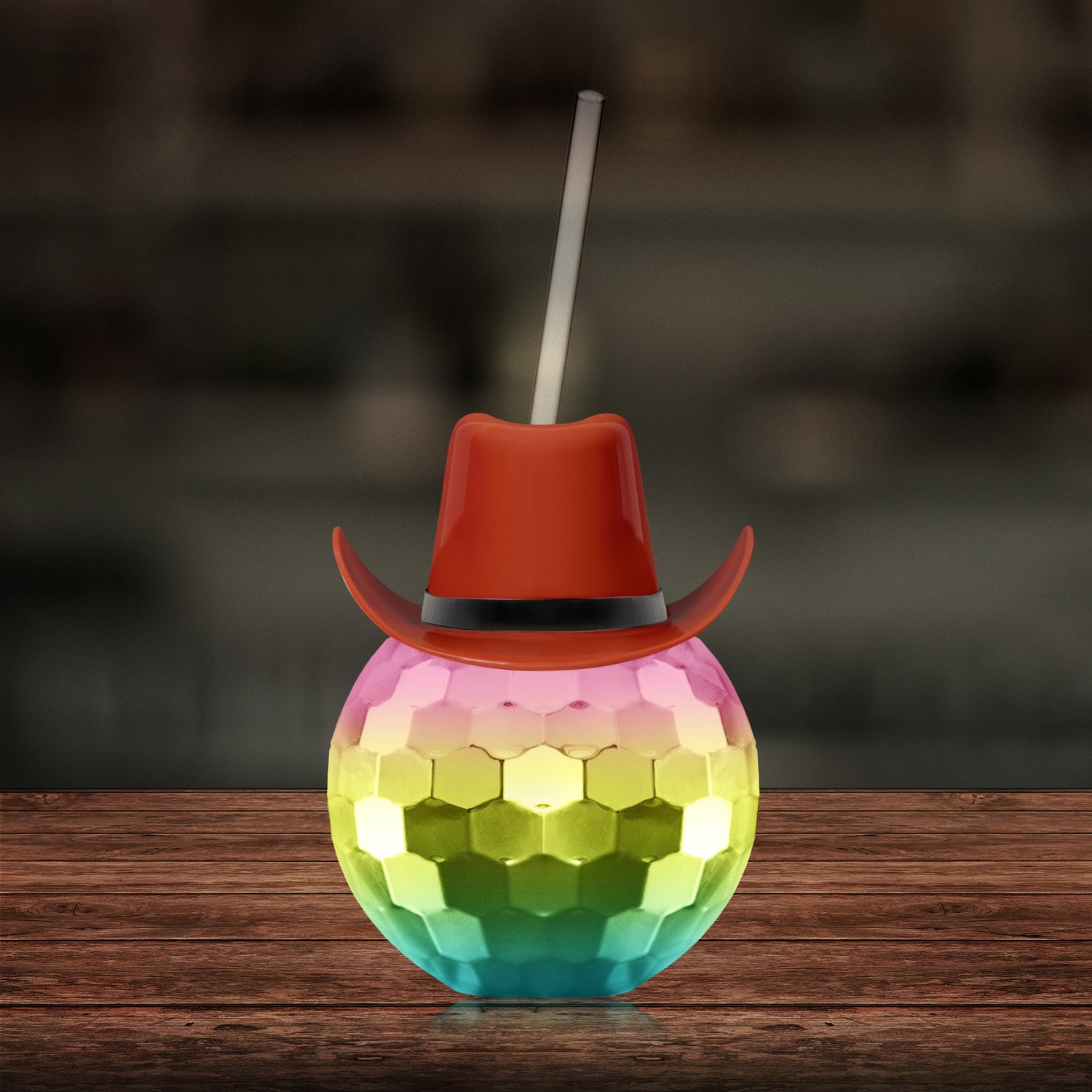 Brown Cowboy Hat Rainbow Disco Ball Cup with Straw