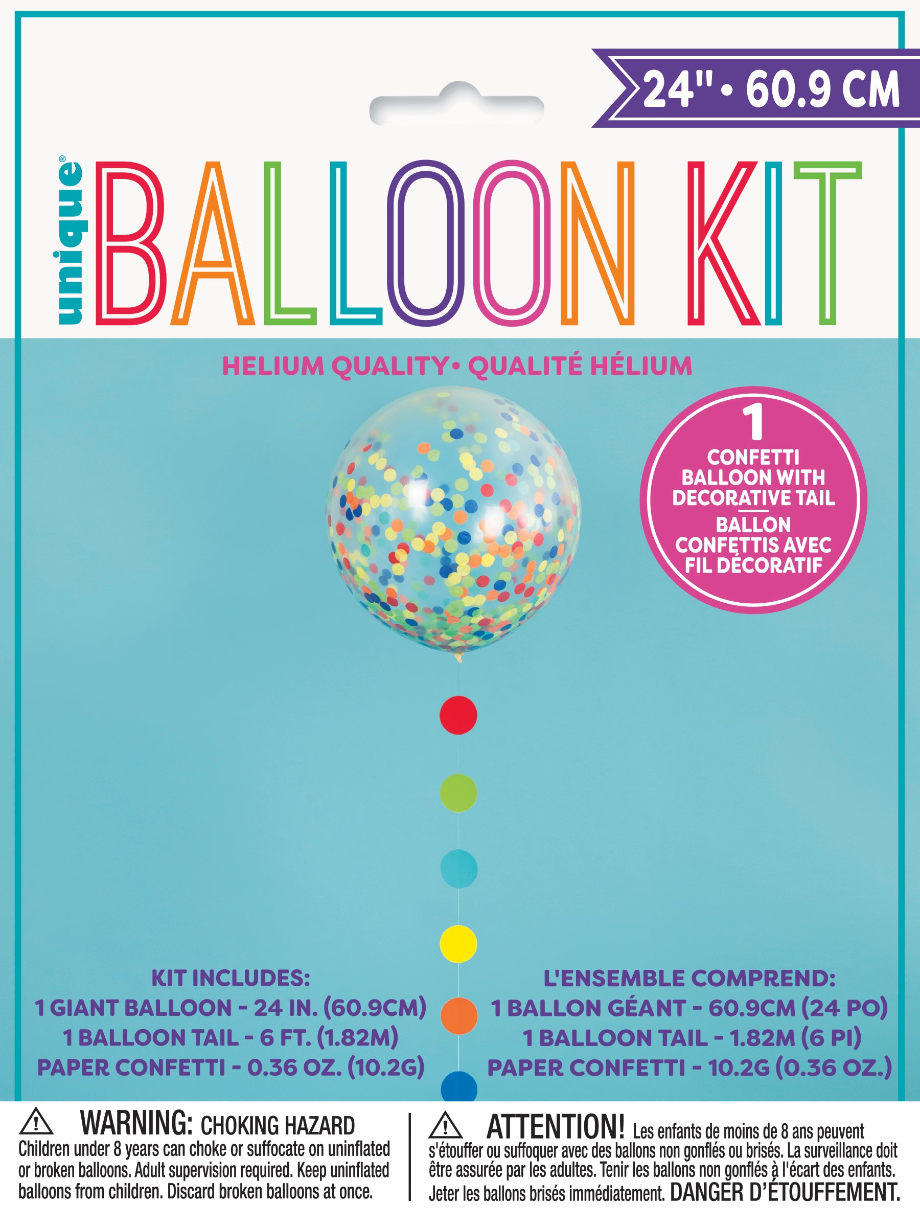 Clear Giant Balloon with Rainbow Confetti and Dots Tassel, 24"