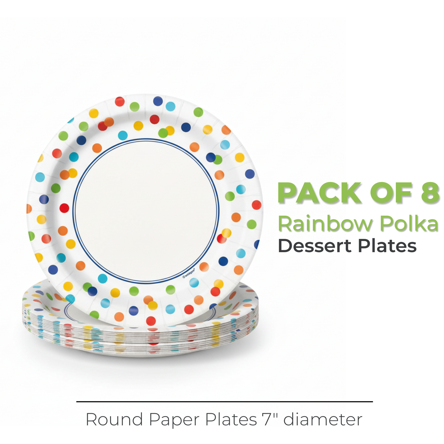 Rainbow Polka Dots Round 7" Dessert Plates, 8ct