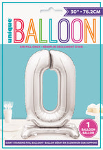 Silver Number 0 Shaped Standing Foil Balloon 30", Packaged - Image 2