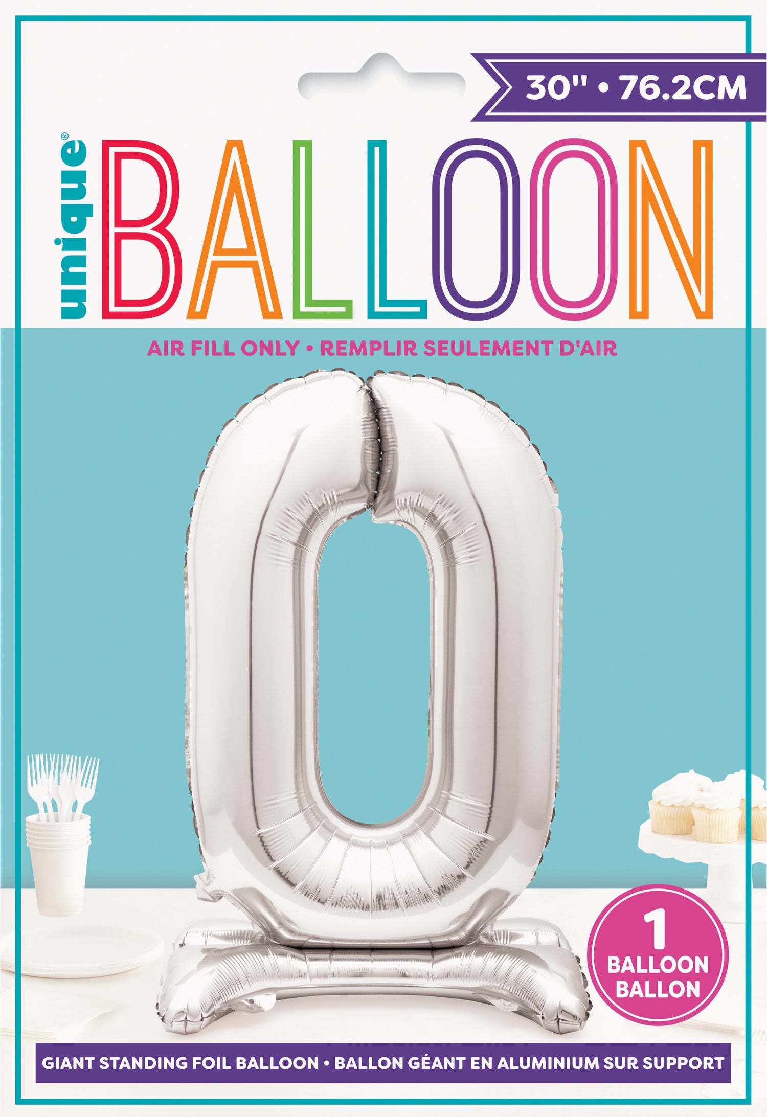 Silver Number 0 Shaped Standing Foil Balloon 30", Packaged - Image 2